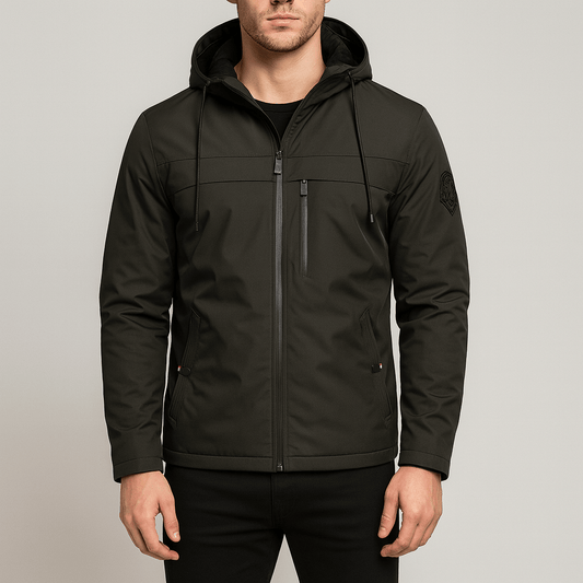 Men's - Cosy Black Windbreaker - Warm Lining Detail
