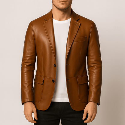 Men's - Faux Leather Jacket - Button-Up with Lapel