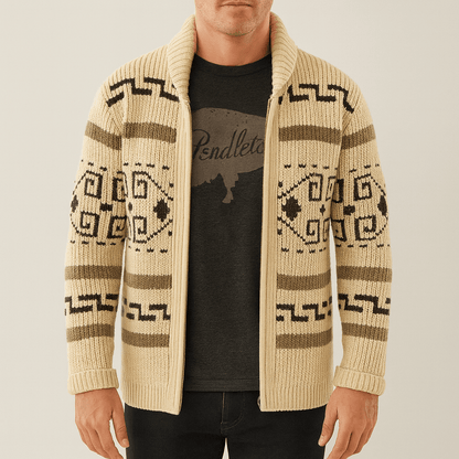 Men's - Knit Zip-Up Cardigan - Shawl Collar Pattern