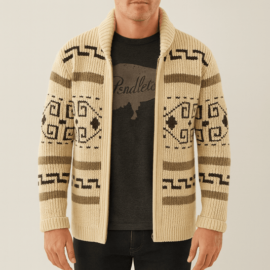 Men's - Knit Zip-Up Cardigan - Shawl Collar Pattern