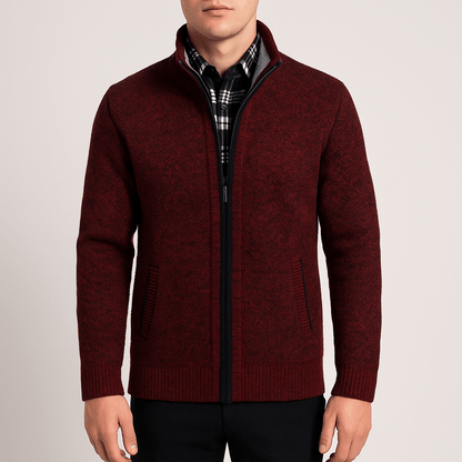 Men's - Knitted Zip-Up Cardigan - Plaid Lining