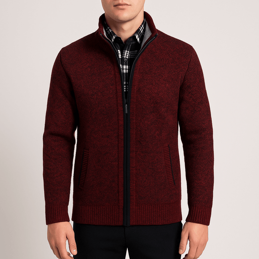 Men's - Knitted Zip-Up Cardigan - Plaid Lining