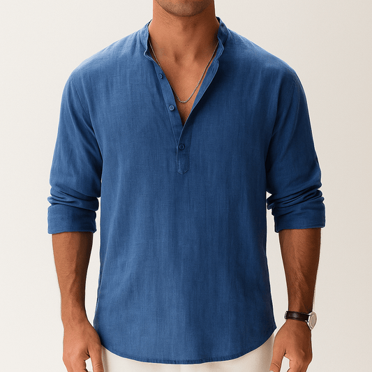 Men’s - Long Sleeve Linen Shirt – Chino Collar