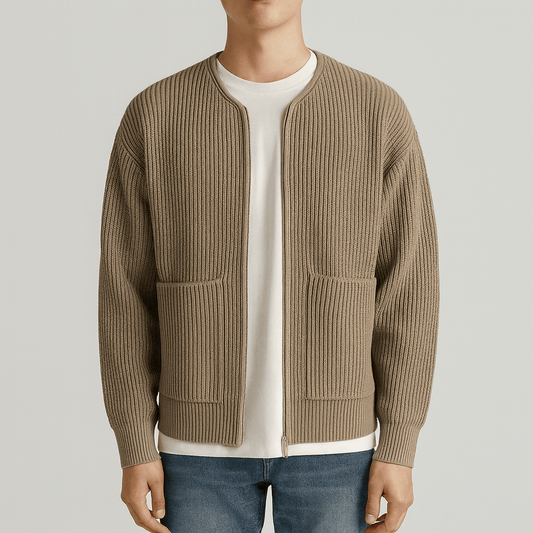 Men's - Minimalist Zip-Up Cardigan - Ribbed Knit Style