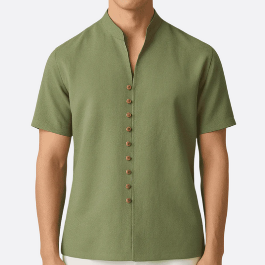 Men's - Short Sleeve Stand Collar Shirt - Linen Blend