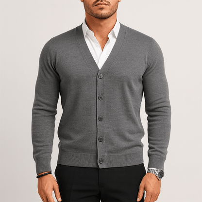 Men's - Slim Fit Cardigan - V-Neck Button Ribbed Hem