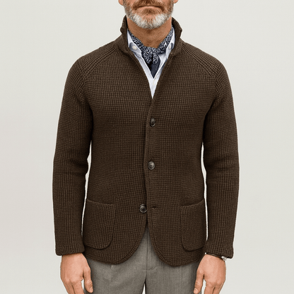 Men's - Textured Knit Cardigan - Stand Collar