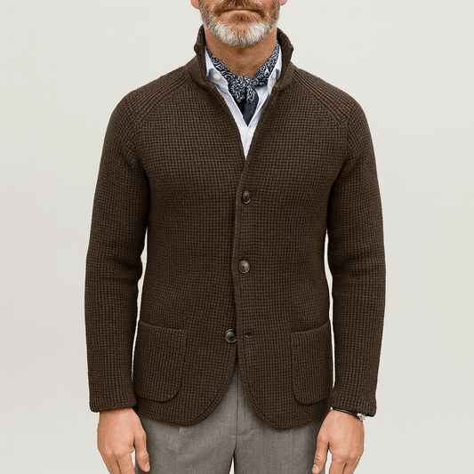 Men's - Textured Knit Cardigan - Stand Collar