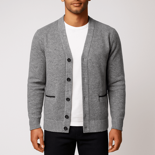 Men's - V-Neck Cardigan - Plaid Lining & Pockets