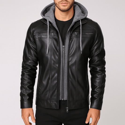 Men's - Biker Jacket with Hood - Stylish & Comfortable Outerwear