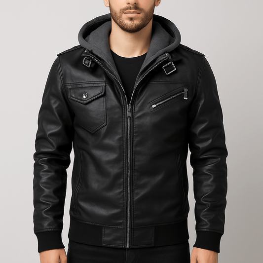 Men's - Hooded Biker Jacket - Stylish Casual Outerwear