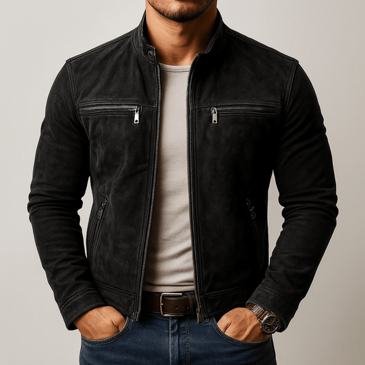 Men's - Jacket - Suede - Classic Slim Fit Multi-Pocket Zippered Stand Collar