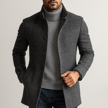 Men's - Mid-Length Coat - Herringbone Wool, Single-Breasted - Wool Coat