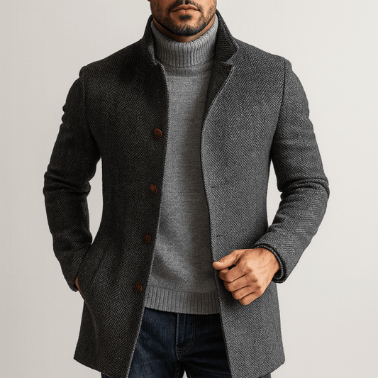 Men's - Mid-Length Coat - Herringbone Wool, Single-Breasted - Wool Coat