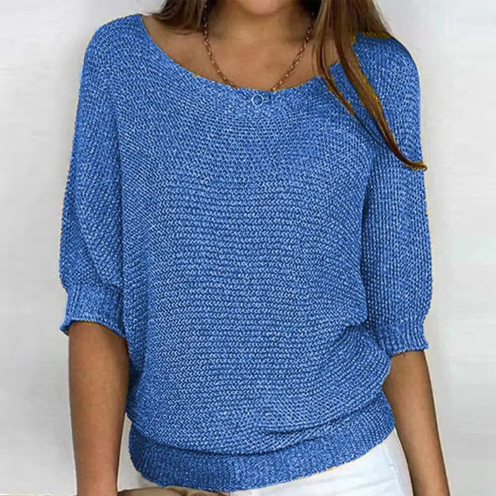 Women's -  Round Neck Knitted Jumper - Three-Fourths Sleeve