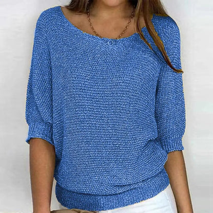 Women's -  Round Neck Knitted Jumper - Three-Fourths Sleeve