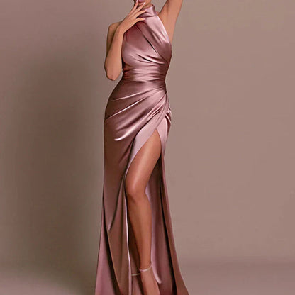 Women's - Sleek Slit Gown - Elegant Evening Dress - Comfortable Fabric - Ideal for Special Occasions & Formal Events