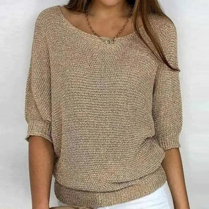 Women's -  Round Neck Knitted Jumper - Three-Fourths Sleeve