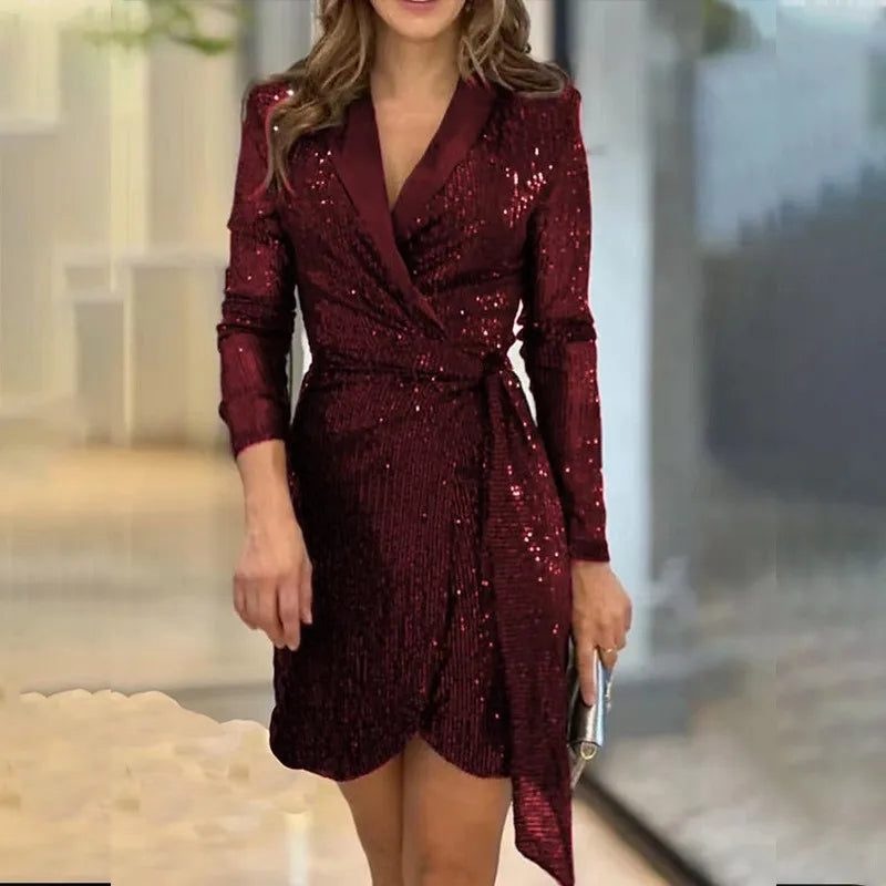 Women's - Elegant Sequin Wrap Dress - Shimmering Fabric - Perfect for Parties and Special Occasions