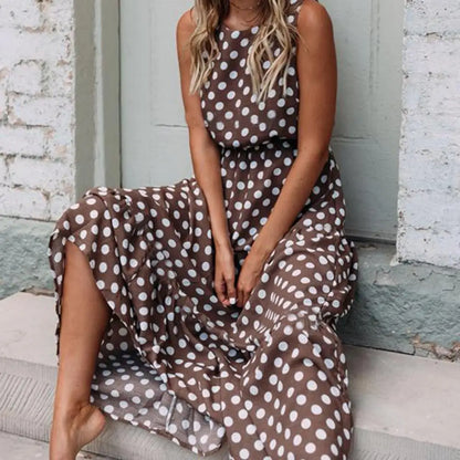 Women's - Sleeveless Polka Dot Maxi Dress - Chic Style