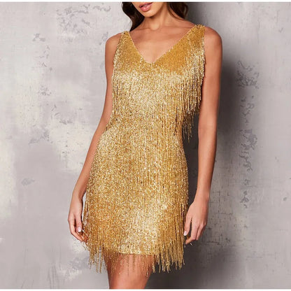 Women's - Elegant Mini Dress - Sequin and Feather Design - Perfect for Parties and Special Occasions