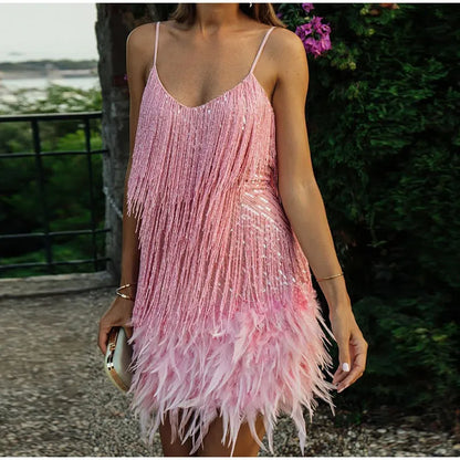 Women's - Elegant Mini Dress - Sequin and Feather Design - Perfect for Parties and Special Occasions