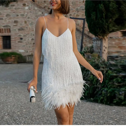 Women's - Elegant Mini Dress - Sequin and Feather Design - Perfect for Parties and Special Occasions
