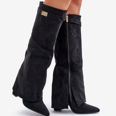 Women's - Knee-High Boots - Pointed Toe Leather Zip