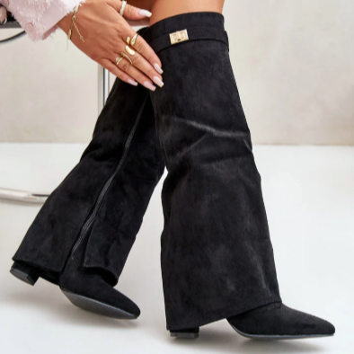 Women's - Knee-High Boots - Pointed Toe Leather Zip