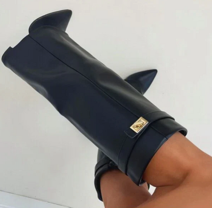 Women's - Knee-High Boots - Pointed Toe Leather Zip