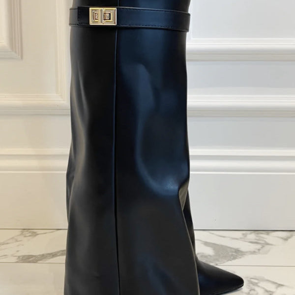 Women's - Knee-High Boots - Pointed Toe Leather Zip