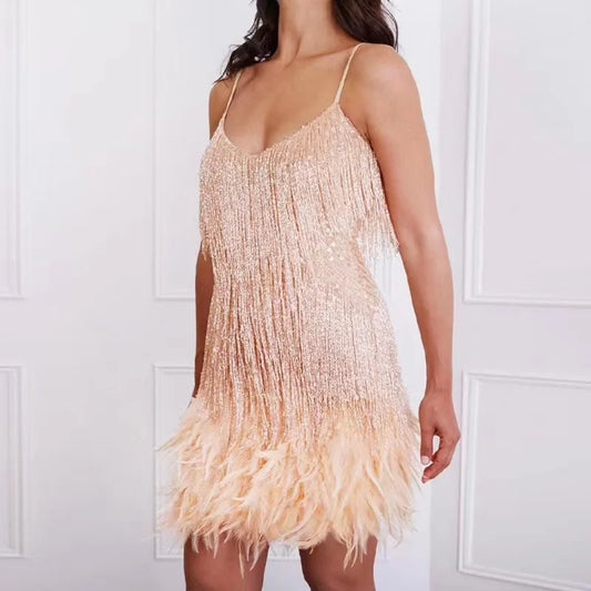 Women's - Elegant Mini Dress - Sequin and Feather Design - Perfect for Parties and Special Occasions
