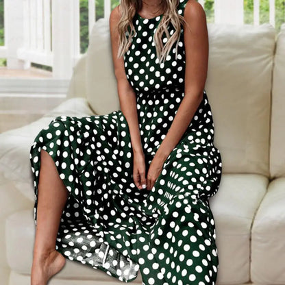 Women's - Sleeveless Polka Dot Maxi Dress - Chic Style