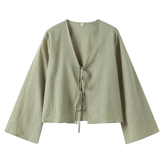 Women's - Chic Long Sleeve Shirt - Lace-Up Design & Comfortable Fit - Effortless Everyday Fashion - Stylish Wardrobe Essential