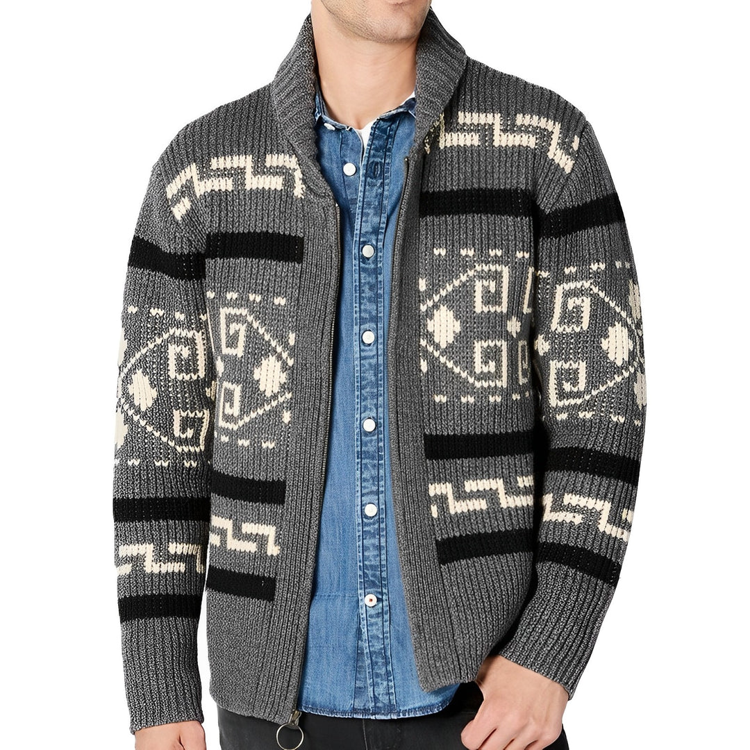 Men's - Knit Zip-Up Cardigan - Shawl Collar Pattern