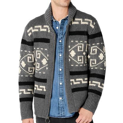 Men's - Knit Zip-Up Cardigan - Shawl Collar Pattern
