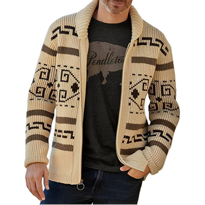 Men's - Knit Zip-Up Cardigan - Shawl Collar Pattern