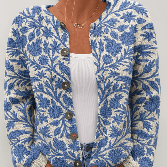 Women - Cardigan - Floral Knit - Round Neck