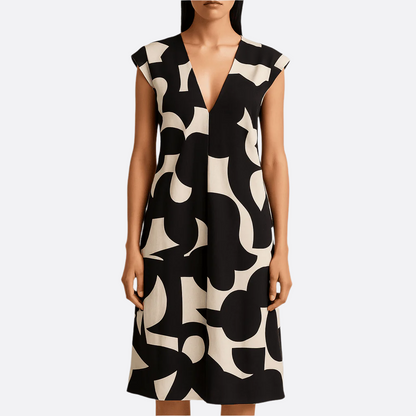 Women's - Black & White Maxi Dress - V-Neck A-Line
