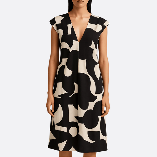 Women's - Black & White Maxi Dress - V-Neck A-Line
