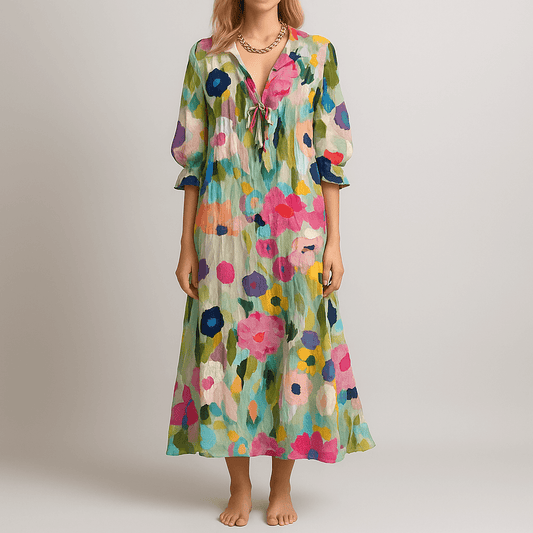 Women's - Boho V-Neck Maxi Dress - Stylish & Flowing