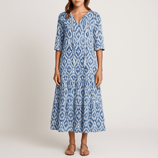 Women's - Boho Vintage V-Neck Floral Dress - Elegant Design
