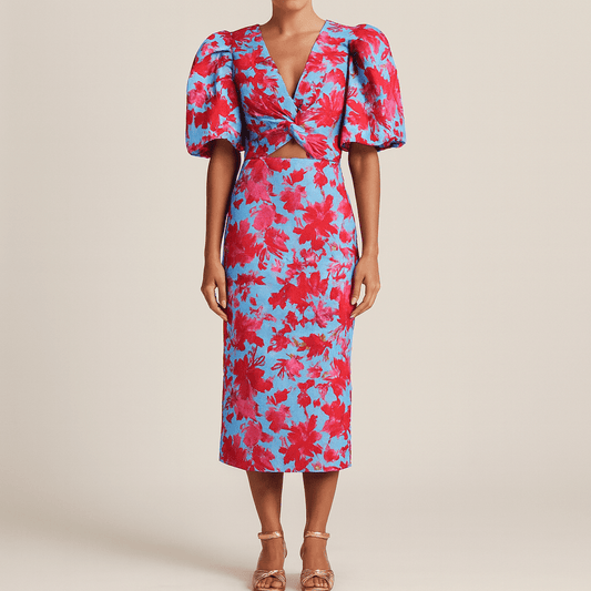 Women's - Casual V-Neck Puff Sleeve Dress - Floral Patterns