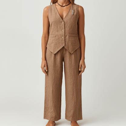 Women's - Chic Linen Vest and Pants Set - Stylish Comfort