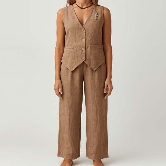 Women's - Chic Linen Vest and Pants Set - Stylish Comfort