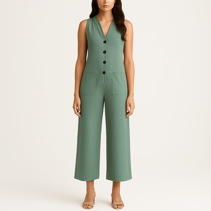Women's - Chic Sleeveless V-Neck Jumpsuit - Functional Pockets
