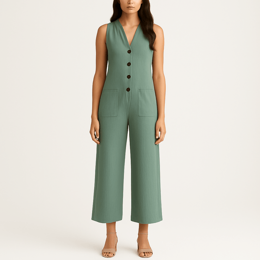 Women's - Chic Sleeveless V-Neck Jumpsuit - Functional Pockets