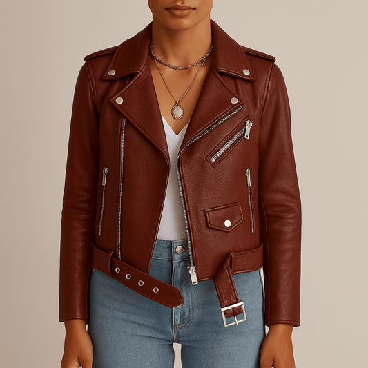 Women’s - Faux Leather Jacket – Belted Zip-Up Style
