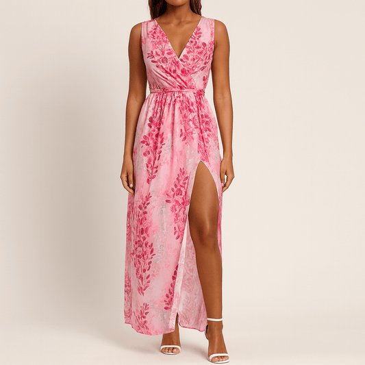 Women's - Floral Maxi Dress - V-Neck Style