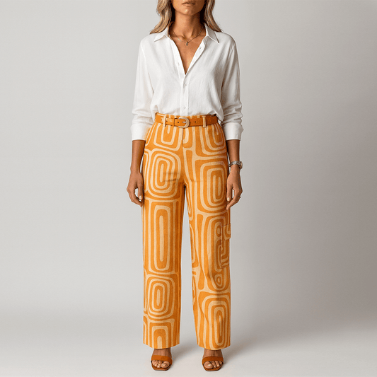 Women's - Geometric Palazzo Pants & Top Set - Soft Fabric - Trendy Two-Piece Outfit for Effortless Style